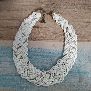 Elegant White and Gold seed Beaded Necklace with chrstals entwined